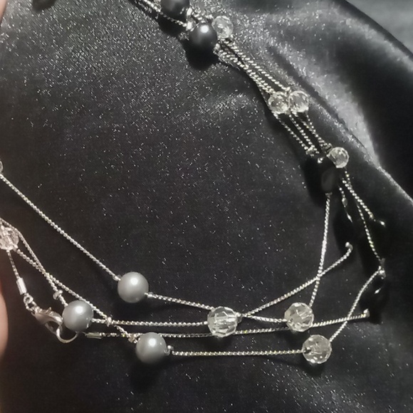 Loft long necklace 42 inches long silver tone blue faux pearl crystal cut Beaded - Picture 2 of 4